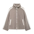 Damen Teddy-Fleecejacke in Taupe mit weißem Stehkragen und sportlichen Kontraststreifen - XS / Grau Kaffee