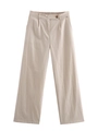 Beige high-waist linen-blend wide-leg pants with elastic back and button closure - S / Khaki Pants