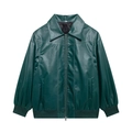 Dark green faux leather jacket with contrast white stitching and ribbed cuffs - S / Green