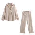 Women's two-piece set featuring long sleeve button shirt and trousers in beige linen cotton - S / Set