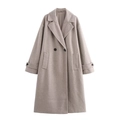 Cappotto lungo doppiopetto da donna grigio-marrone in misto lana con revers classici e vestibilità ampia - XS / Cachi