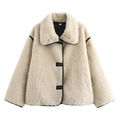 Cropped faux fur jacket with wide lapel and contrasting black leather trims - S / Beige