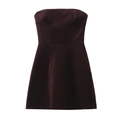 Elegant strapless velvet mini dress in deep burgundy with slim fit vertical tailoring - S / Burgundy