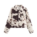 Chaqueta corta de mujer con estampado de vaca marrón y bolsillos con botones frontales - S / Marrón y Blanco