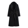 Elegante cappotto lungo nero da donna con collo in ecopelliccia e cintura in vita - XS / Nero