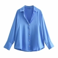 Elegant royal blue satin button-down shirt for women with long sleeves and a classic lapel - Blue