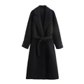 Abrigo largo clásico negro de lana con elegante cuello de solapa y cinturón ajustable - XS / Negro