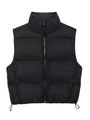 Detail of black puffer vest with stand collar, metal zipper, and adjustable hem drawstrings - XS / Black