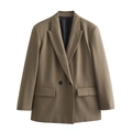 Dames losse casual kaki blazer met dubbele rij knopen, klepzakken en inkeping revers - XS / Theegroen