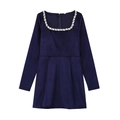 Elegantes dunkelblaues Samtkleid mit Karree-Ausschnitt und Perlenverzierung - S / Samt-Marineblau