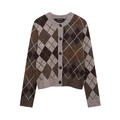 Women's autumn argyle knit cardigan with round neck and black buttons in brown tones - S / As Shown