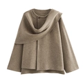 Women's brown knit coat with asymmetric scarf collar and single-button closure - S / Khaki