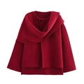 Women's burgundy knit coat featuring an asymmetrical scarf collar and single button closure - S / Red
