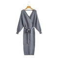 Gray knitted long sleeve V-neck midi dress with waist tie and ribbed cuffs on white backdrop - One Size / Gray