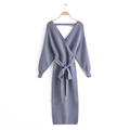 Vestido midi de punto color malva con cuello en V, mangas murciélago y cinturón de lazo - Talla única / Púrpura Claro