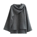 Detailed knit texture of asymmetric dark grey poncho with cross scarf collar design - S / Gray
