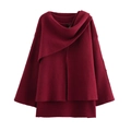 Detail view of burgundy knit coat with integrated scarf and elegant button closure - S / Tops / Red Style 2