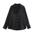 Elegant black satin long sleeve button-up shirt for women with silk-like finish - Black