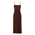 Deep brown velvet midi slip dress with ruching detail and slim fit for formal events - XS / Brown