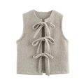 Chaleco de mujer beige en lana texturizada con lazos frontales y cuello redondo suave - S / Gris Beige