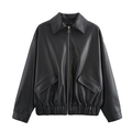 Veste aviateur en similicuir noir pour femme avec col à revers et fermeture éclair argentée - XS / Noir