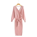 Pink knit long sleeve V-neck wrap dress with belt and ribbed cuffs on white background - One Size / Light Pink