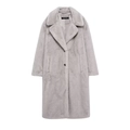 Neutral grey long faux fur coat with oversized lapels and single-breasted button closure - XS / Gray