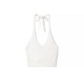 White sleeveless halter knit crop top with deep V-neck and ribbed details on plain background - S / White