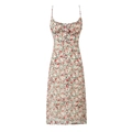 Detail of floral spaghetti strap dress with ruffled neckline and decorative white buttons - S / Red Green Floral