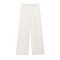 Chic cream white wide-leg trousers with drawstring elastic waist and golden metal tips - S / White Pants