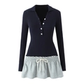 Women's slim-fit knit dress with polo collar and drawstring waist in two-piece style - S / Navy Blue
