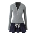 Slim fit knit patchwork dress with polo collar and drawstring waist in grey and navy - S / Gray