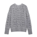 Women's autumn grey chunky knit sweater with unique heart-shaped cable patterns - S / Gray