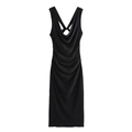 Elegant black cowl neck midi dress with cross back straps and ruched side detailing - S / Black