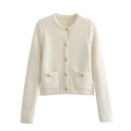 Cream knit cardigan for women with round neck and gold buttons for 2024 autumn winter style - Off White
