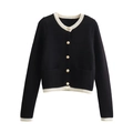 Women's classic black knit cardigan with white trim and gold buttons in vintage style - Black Strap White Dial