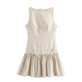 Elegant cream sleeveless mini dress with bow accents and pleated skirt for women - XS / Apricot