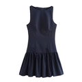 Elegant sleeveless navy blue mini dress with a bow detail and pleated ruffle hemline - XS / Aqua