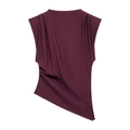 Detailed close-up of dark purple asymmetrical pleated sleeveless top with ruching - S / Purple