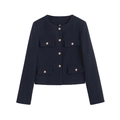 Détail de la texture de la veste en tweed avec boutons dorés et col rond élégant - XS / Bleu marine