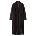 Cappotto lungo da donna nero in lana con orlo a frange alla moda e colletto a revers - S / Nero