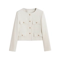 Détail de veste en tweed crème avec quatre poches et boutons dorés en vue à plat chic - XS / Blanc Cassé