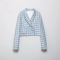 Detailed texture of light blue tweed blazer featuring classic lapels and a single button - XS / Tops