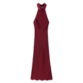 Elegante vestido largo de satén burdeos con cuello halter y detalle de lazo al cuello - XS / Burdeos