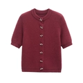 Gilet en tricot rouge foncé à manches courtes avec boutons nœuds et texture pelucheuse - S / Rouge