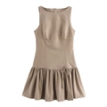 Elegant sleeveless khaki mini dress with bow accents and ruffled hem details - XS / Khaki