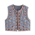 Women's vintage bohemian cotton linen grey vest with colorful geometric embroidery - S / Gray