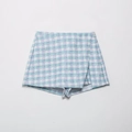 Detail view of woven light blue and purple tweed skort with wrap design and texture - XS / Pants