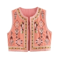 Bohemian peach pink embroidered cotton linen vest jacket for women featuring ethnic patterns - S / Orange Pink