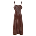 Robe longue élégante à paillettes marron foncé avec dos nu pour les soirées chic - S / Marron